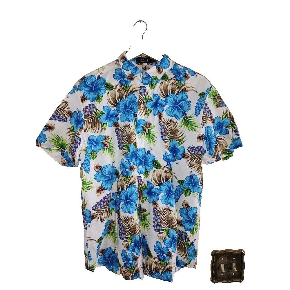 Men's SSLR Hawaiian Style 100% Cotton Blue White Short Sleeve Shirt Size Large